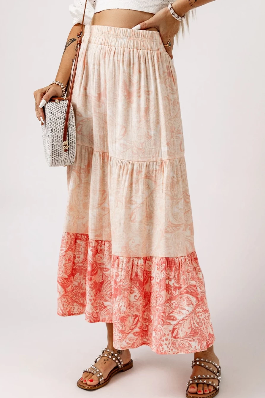 Shewin Women's Pink Floral Boho Maxi Skirt with Ruffle Hem and Tiered Design