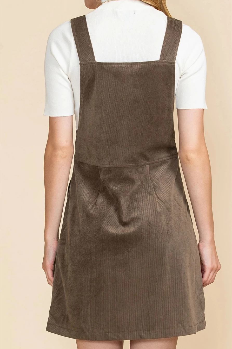 Shewin Women's Brown Ribbed Zip-Up Pocket Overalls Dress