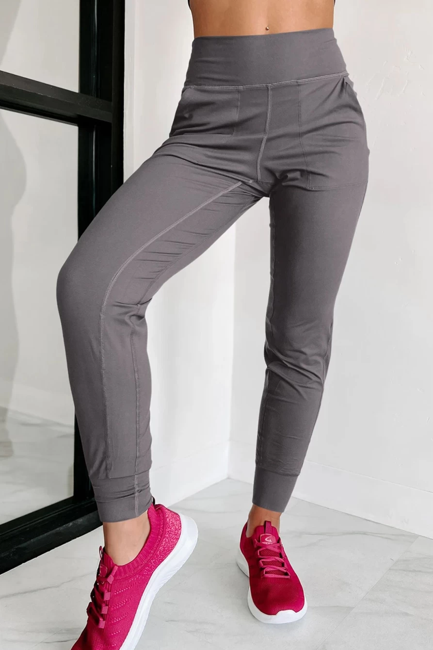 Shewin Women's Medium Grey High Waist Joggers with Pockets & Exposed Seam Detail