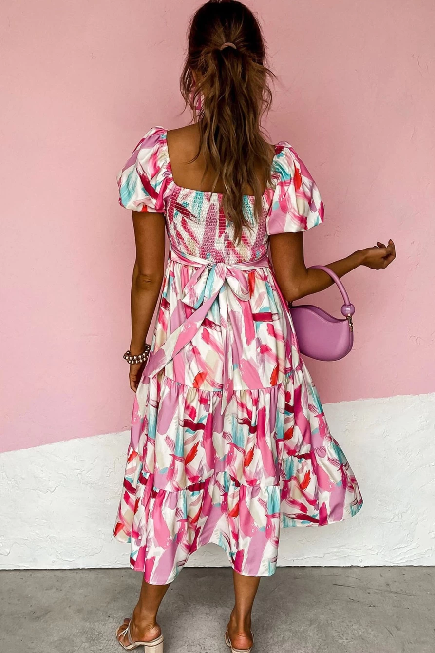 Shewin Women's Pink Brush Stroke Smocked Ruffle Tiered Dress - Floral Print Summer Dress