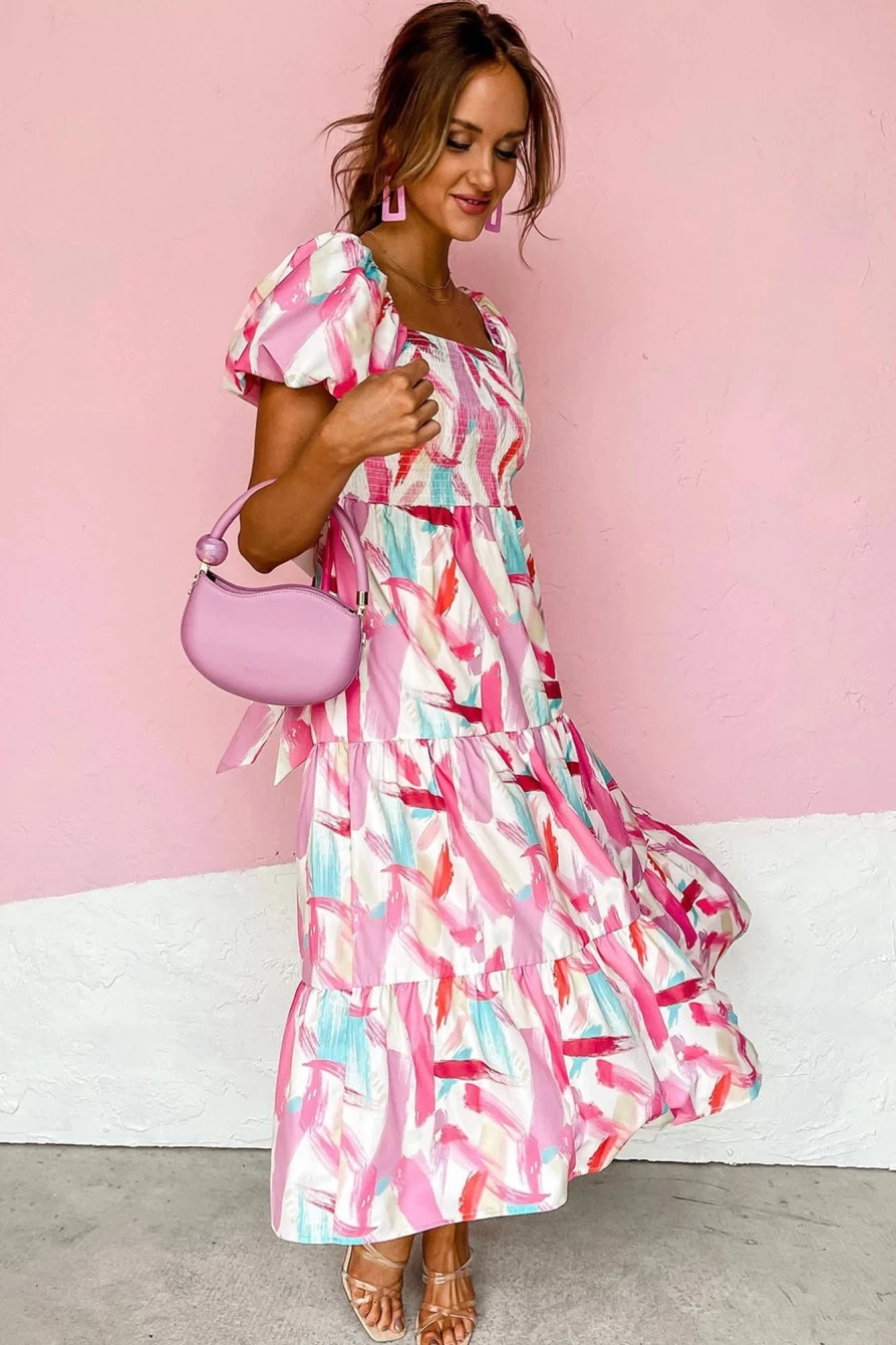 Shewin Women's Pink Brush Stroke Smocked Ruffle Tiered Dress - Floral Print Summer Dress