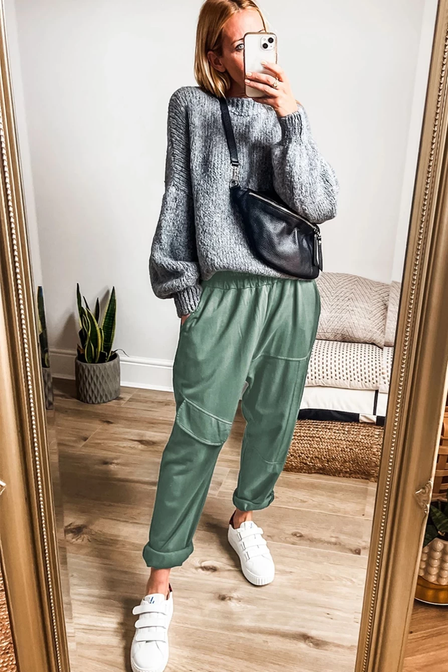 Shewin Women's Mist Green High Waist Patchwork Loose Fit Pants - Boho Chic Casual Trousers