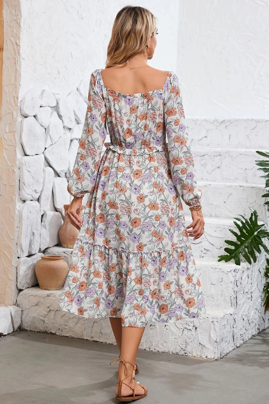 Shewin Women's Multicolor Floral Smocked Pocket Flared Midi Dress