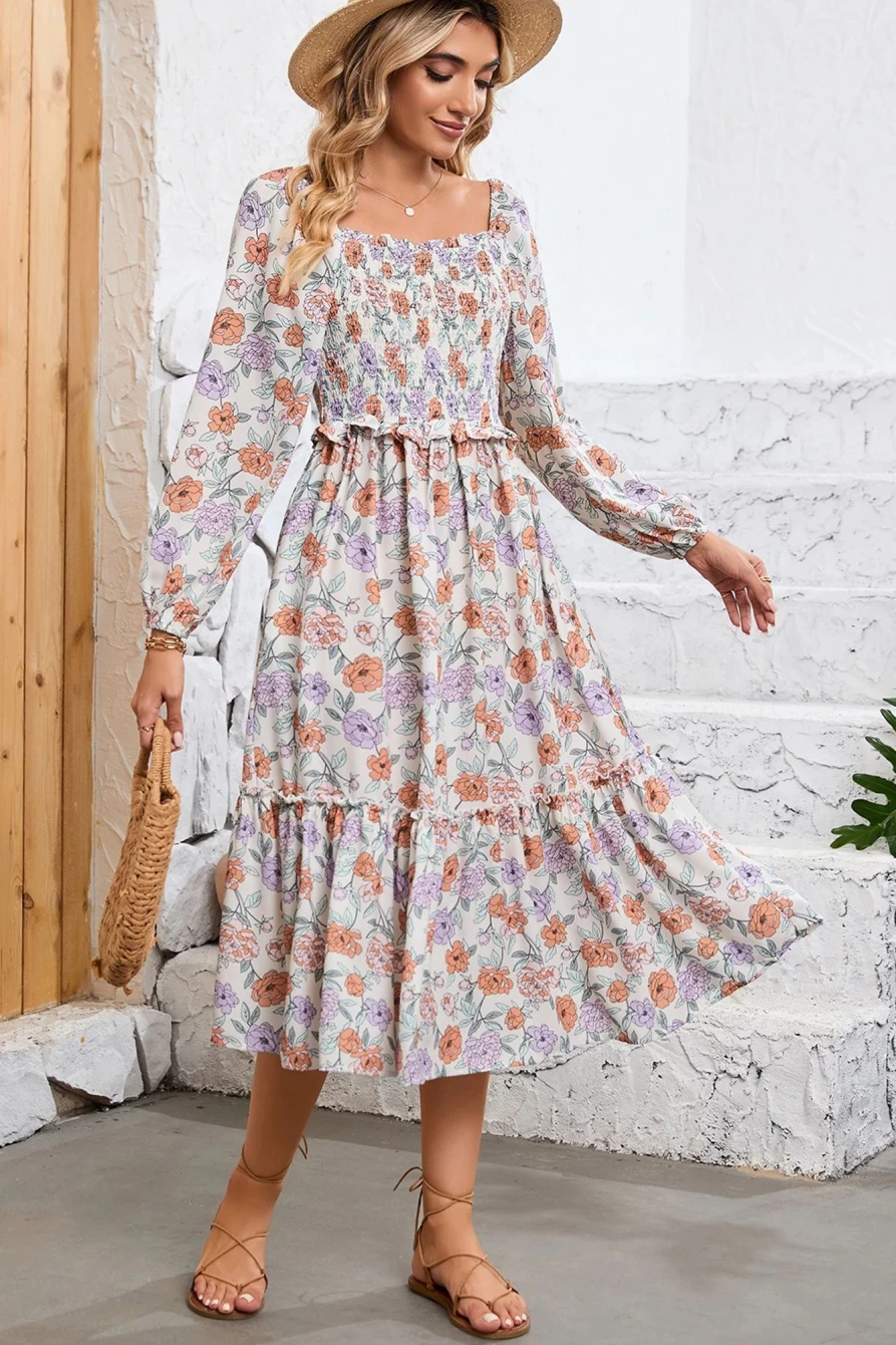 Shewin Women's Multicolor Floral Smocked Pocket Flared Midi Dress