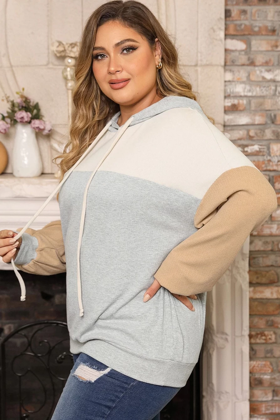 Shewin Women's Plus Size Multicolour Colorblock Drop Shoulder Ribbed Hoodie