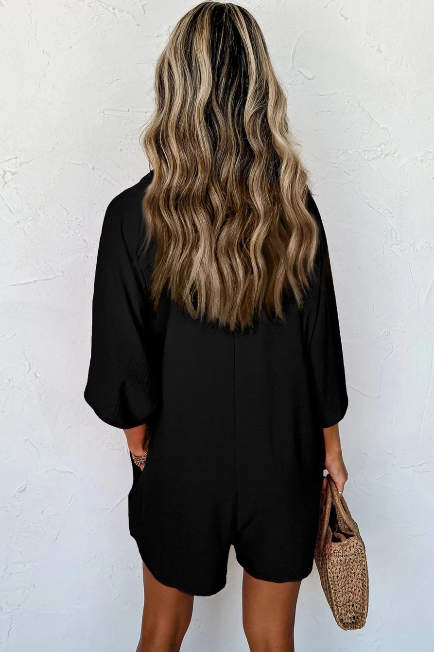 Shewin Women's Black Loose Romper with Half Button Collar and Pocket