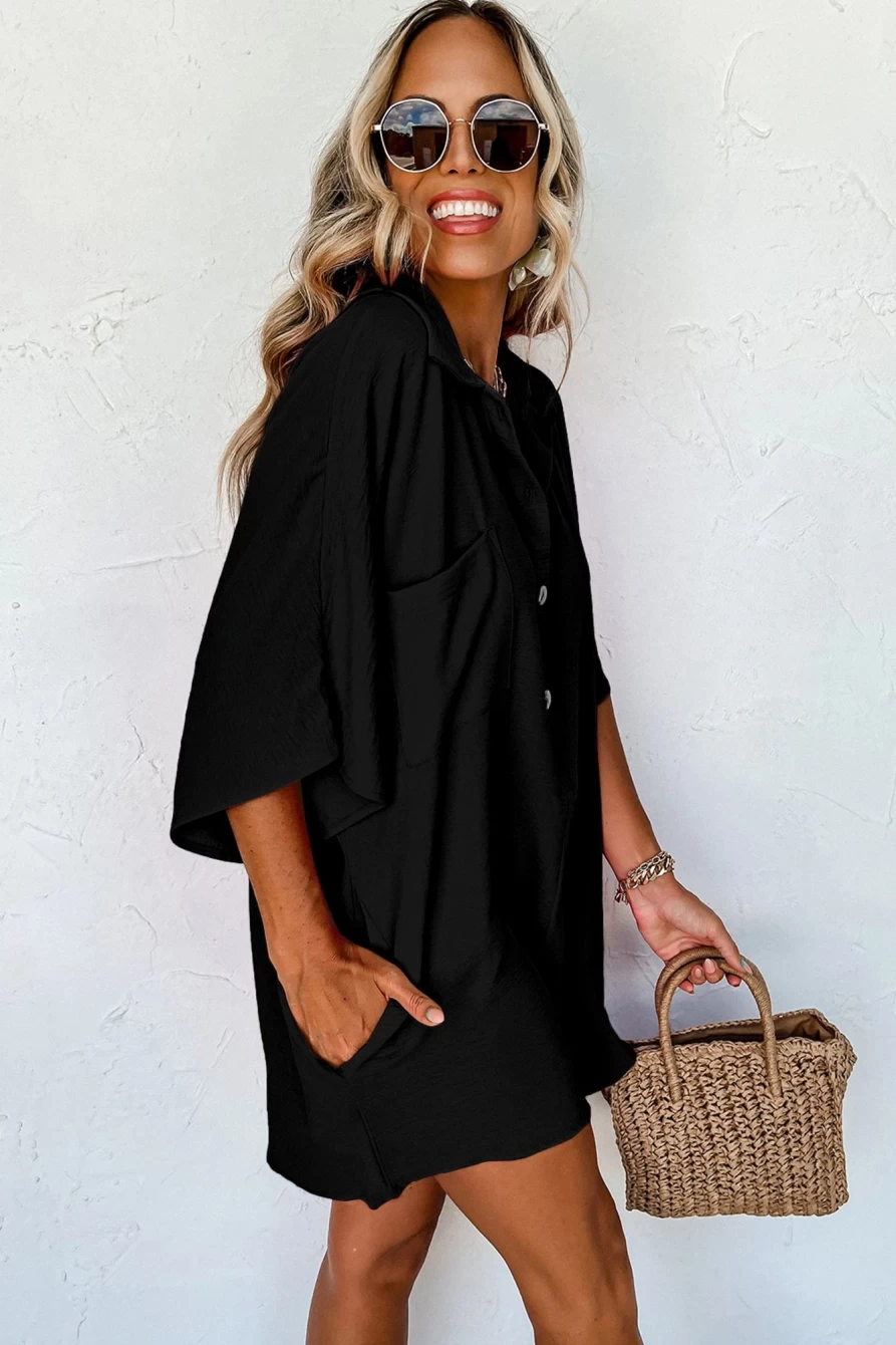 Shewin Women's Black Loose Romper with Half Button Collar and Pocket