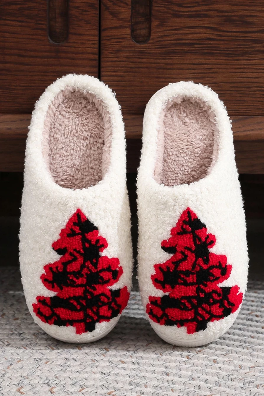 Shewin Women's White Fuzzy Christmas Tree Pattern Home Slippers Cozy Holiday House Shoes