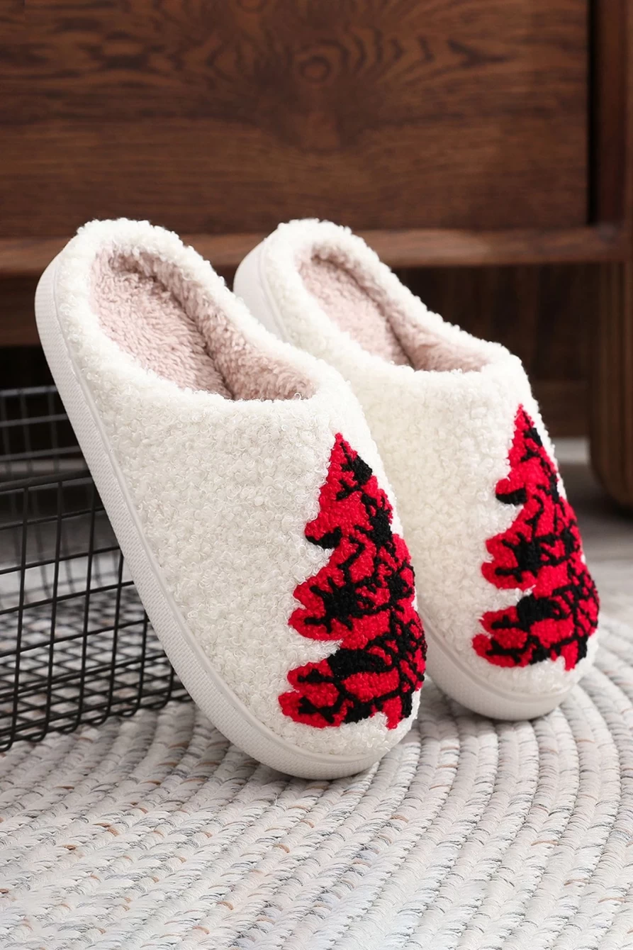 Shewin Women's White Fuzzy Christmas Tree Pattern Home Slippers Cozy Holiday House Shoes
