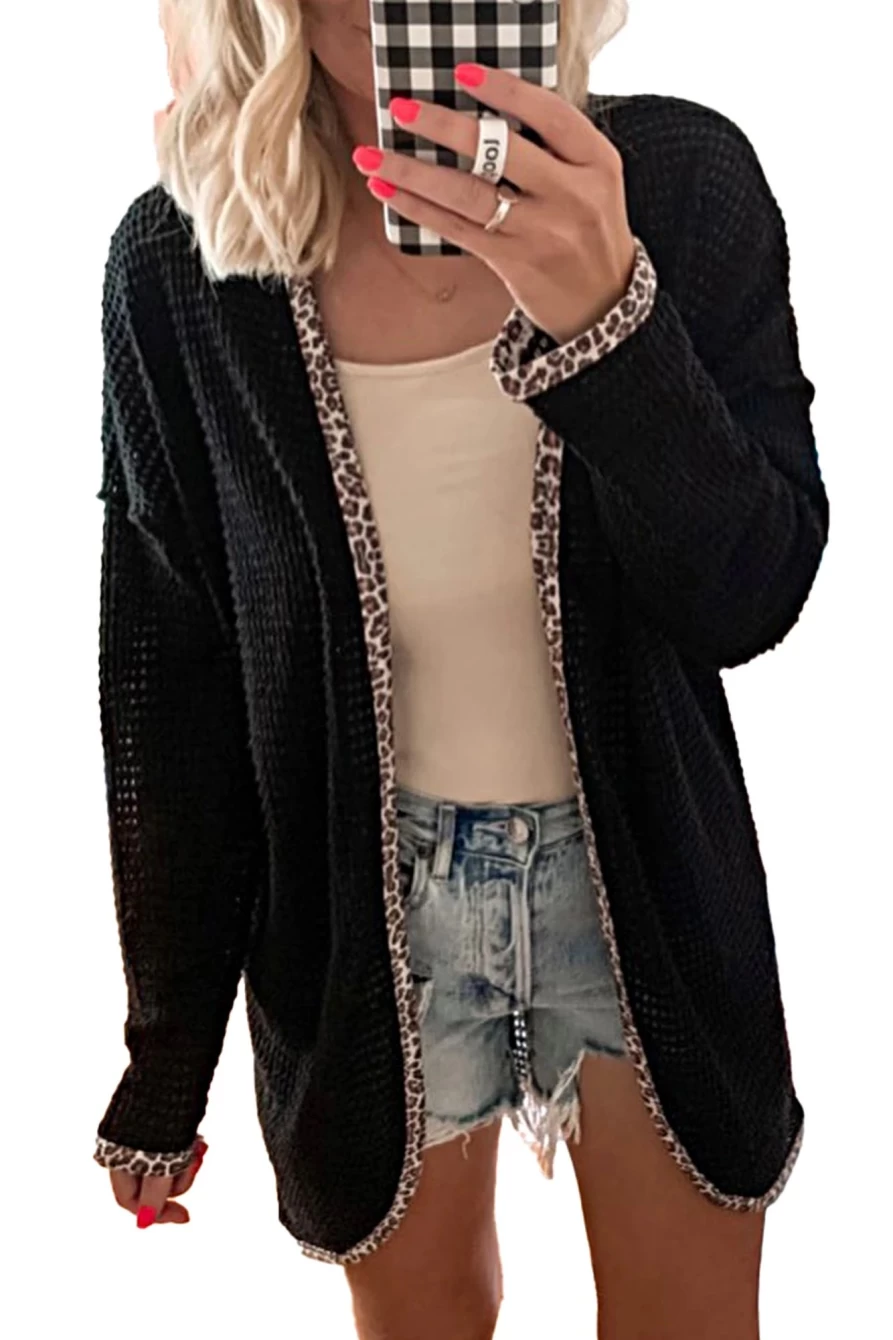 Shewin Women's Black Leopard Print Waffle Knit Open Front Cardigan