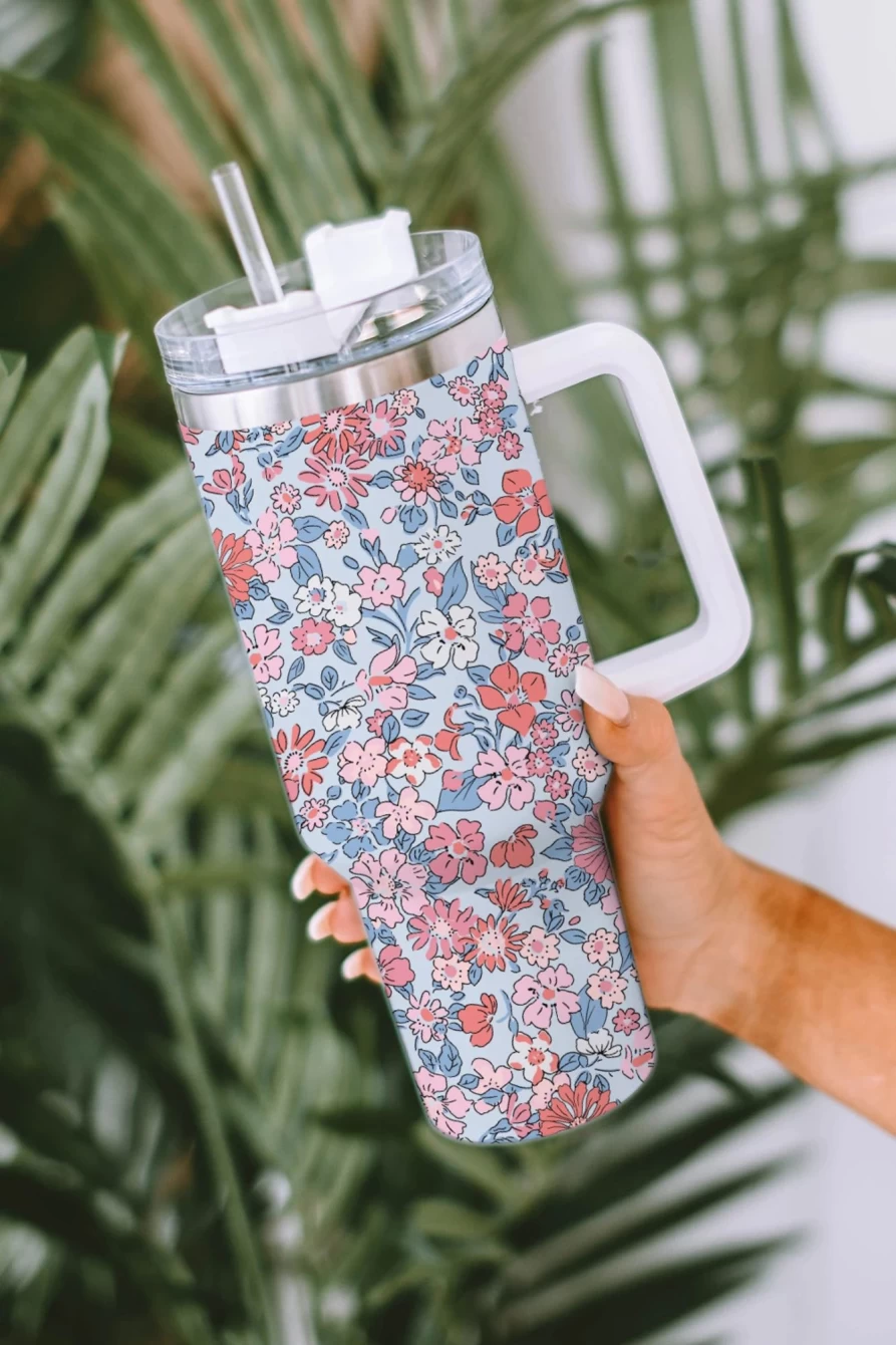Shewin Women's Multicolour Floral Stainless Steel Tumbler with Handle and Straw