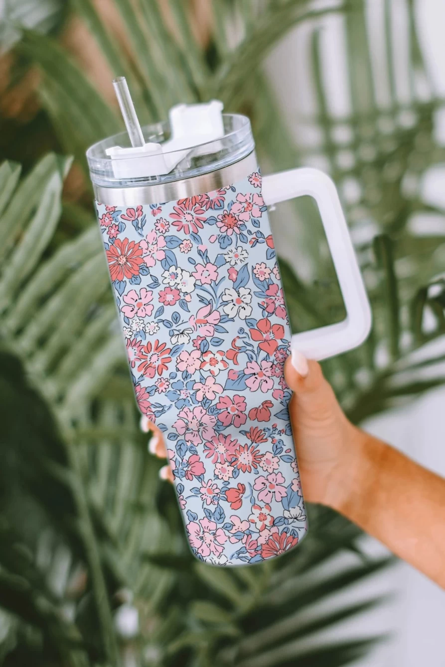 Shewin Women's Multicolour Floral Stainless Steel Tumbler with Handle and Straw