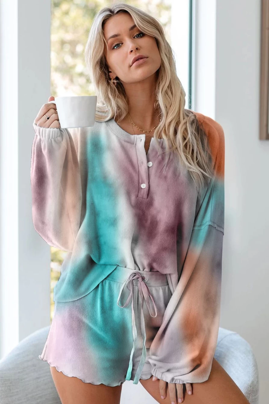 Shewin Women's Multicolor Tie-Dye Loungewear Set - Trendy Top & Drawstring Shorts