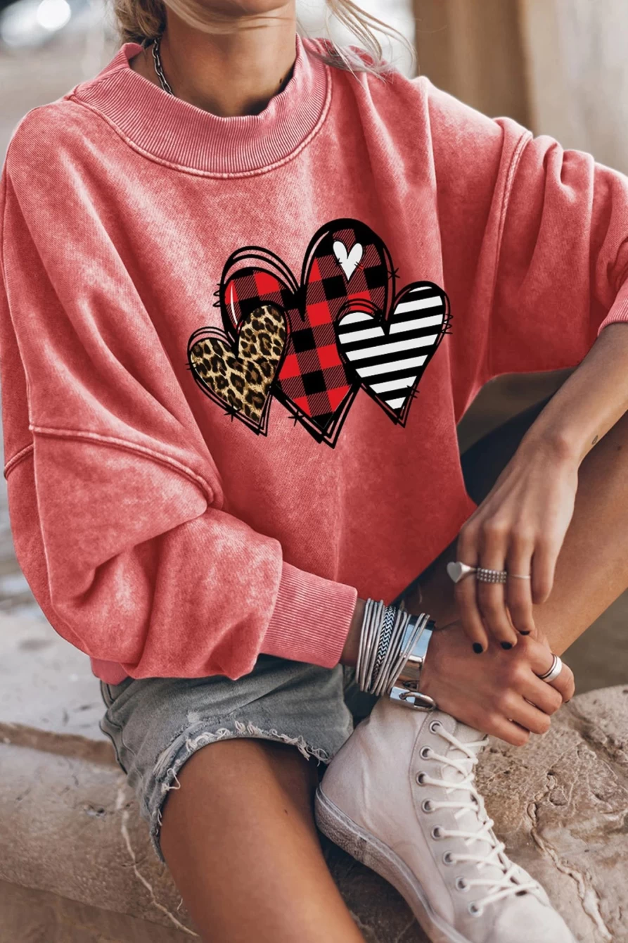 Shewin Women's Red Valentine Heart Print Drop Shoulder Sweatshirt - Cute Graphic Love Pullover