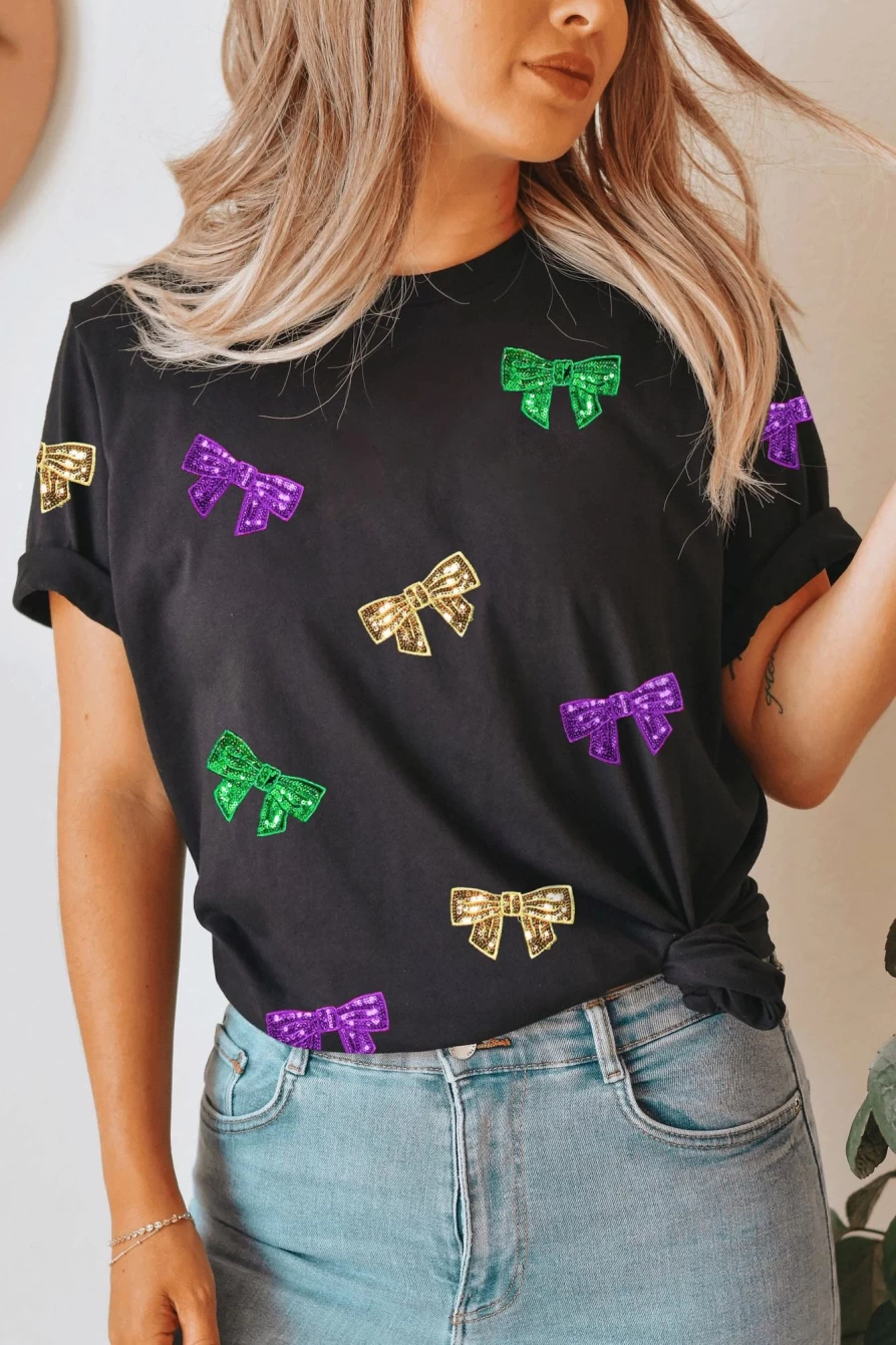 Shewin Women's Black Mardi Gras Sequin Bow Knot Graphic Crew Neck T-Shirt