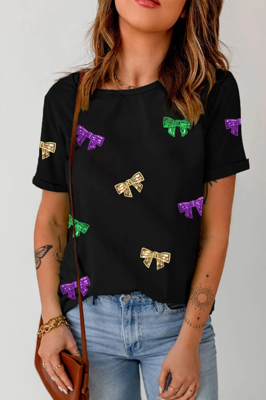 Shewin Women's Black Mardi Gras Sequin Bow Knot Graphic Crew Neck T-Shirt