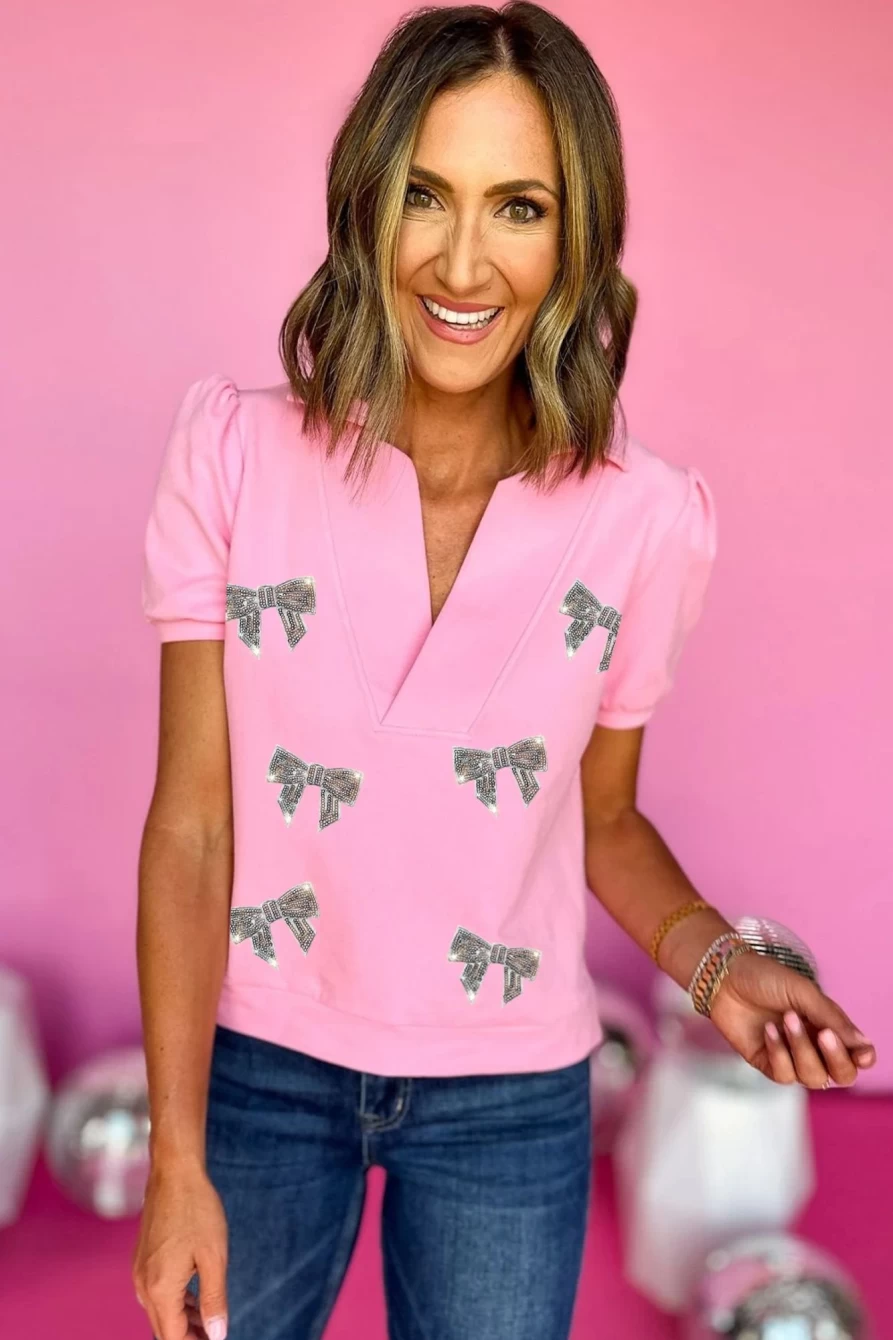 Shewin Women's Pink Sequin Bow Knot Collared V-Neck T-Shirt - Glitter Graphic Patch Tee