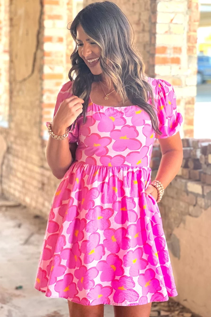 Shewin Women's Rose Floral Babydoll Dress with Puff Sleeves and Short Hem