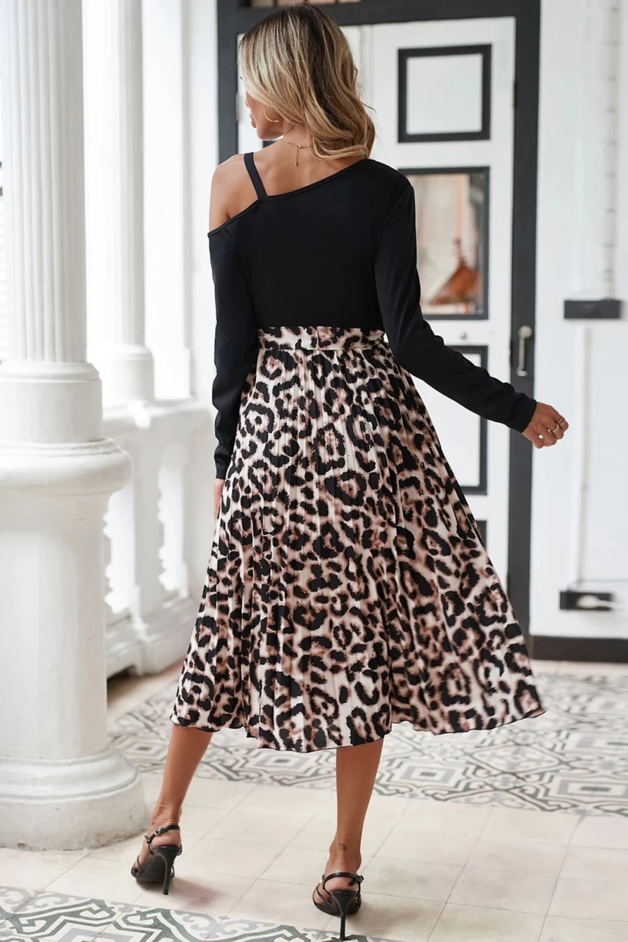 Shewin Women's Black Leopard Print Asymmetric Shoulder Dress with Belt