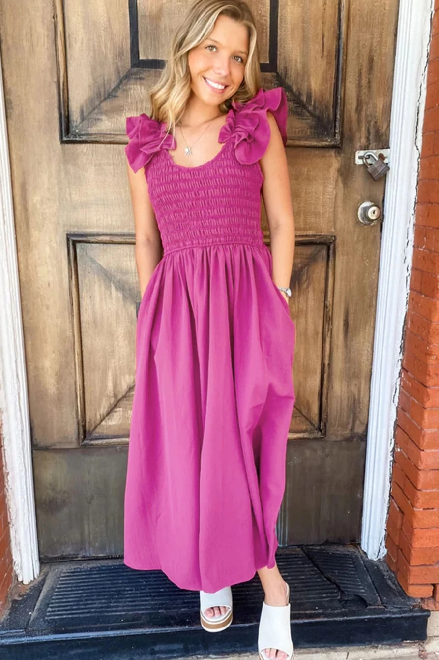Shewin Women's Rose Red Crinkled Ruffle Strap Smocked Maxi Dress