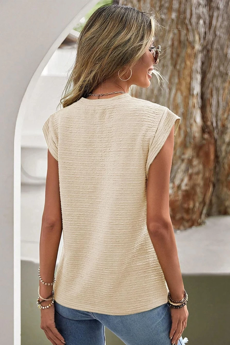 "Shewin Women's Beige Casual Solid Color Textured Sleeveless Shirt"