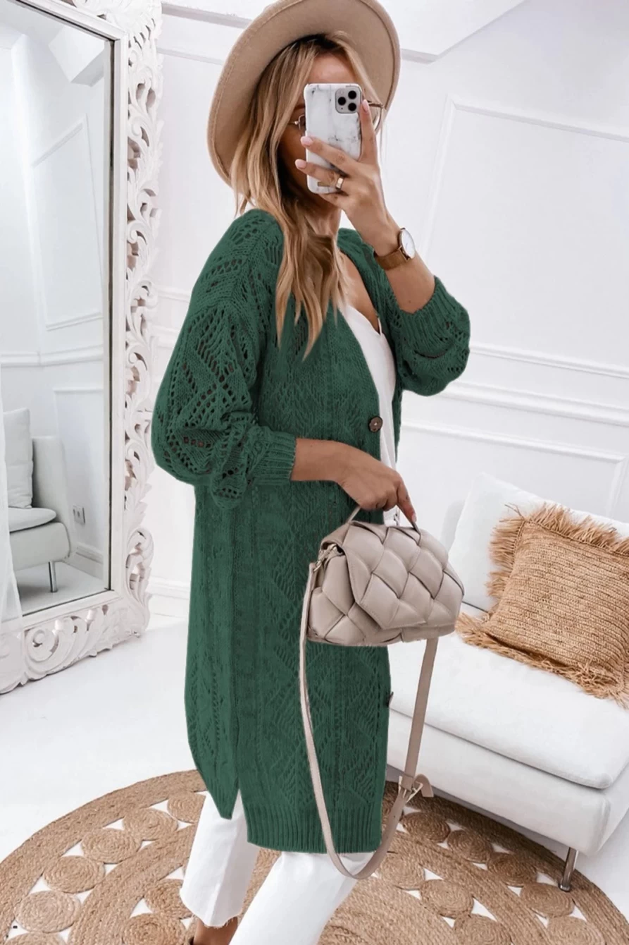"Shewin Women's Blackish Green Button Up Knitted Hollow Out Long Cardigan"