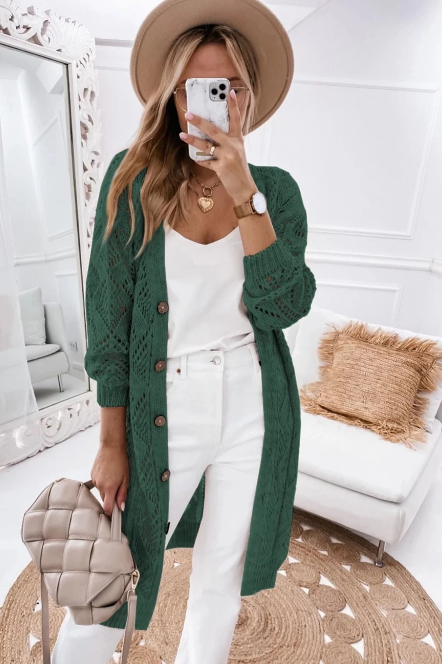 "Shewin Women's Blackish Green Button Up Knitted Hollow Out Long Cardigan"