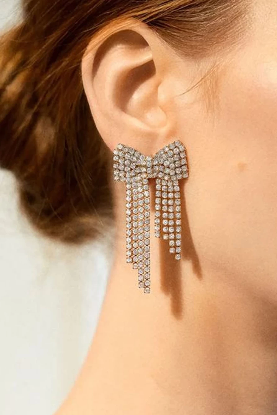 Shewin Gold Rhinestone Bowknot Fringe Drop Earrings for Women