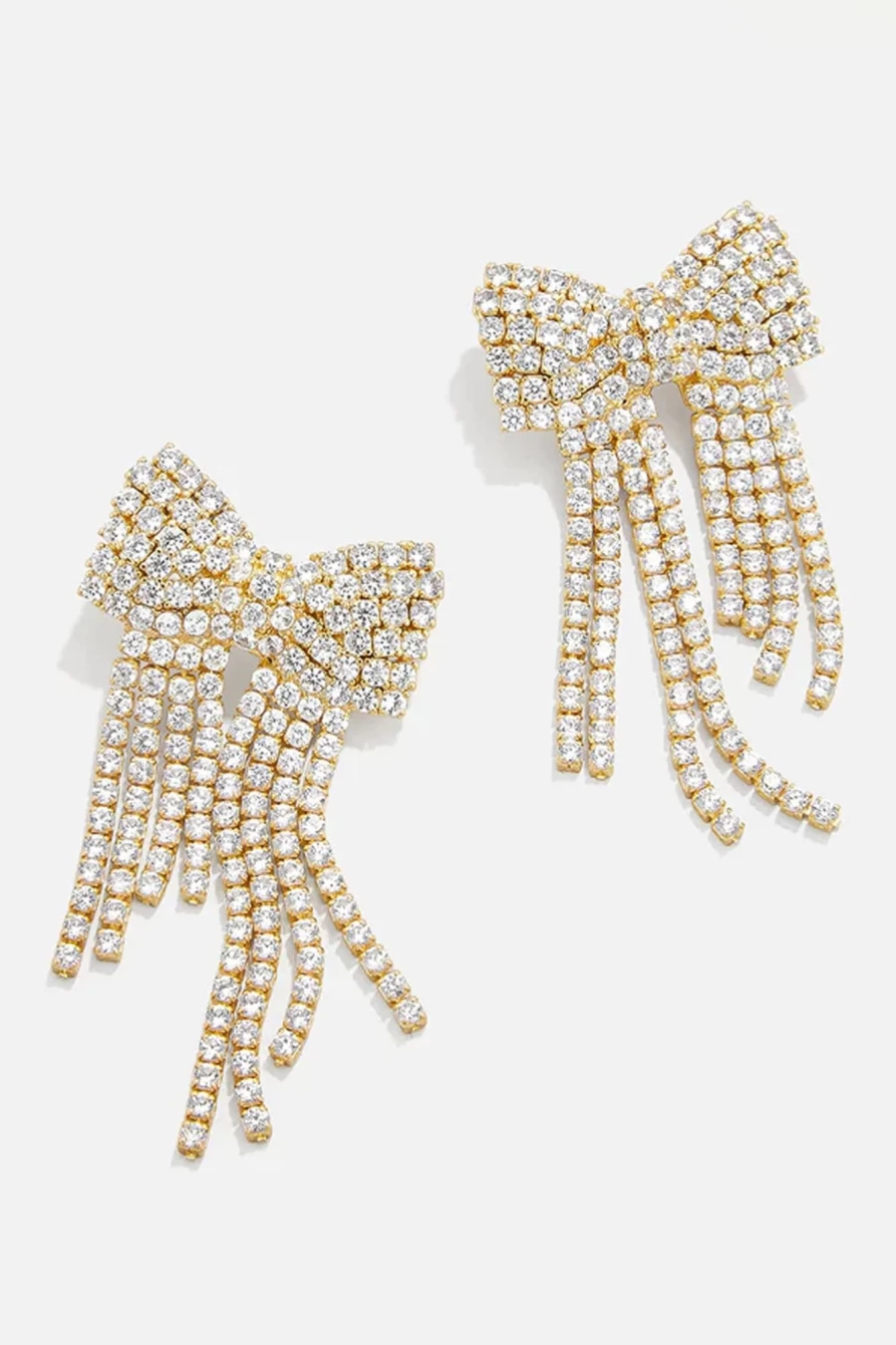 Shewin Gold Rhinestone Bowknot Fringe Drop Earrings for Women