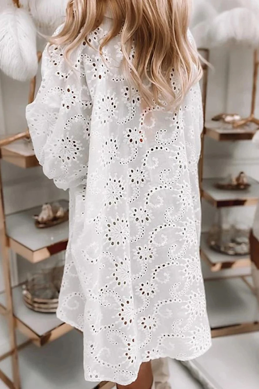 Shewin Women's White Elegant Eyelet Lace Babydoll Shirt Dress