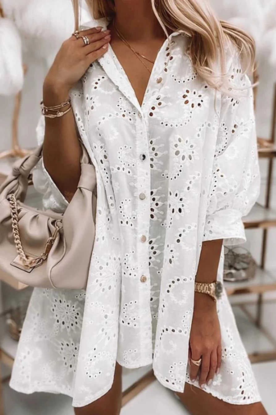 Shewin Women's White Elegant Eyelet Lace Babydoll Shirt Dress