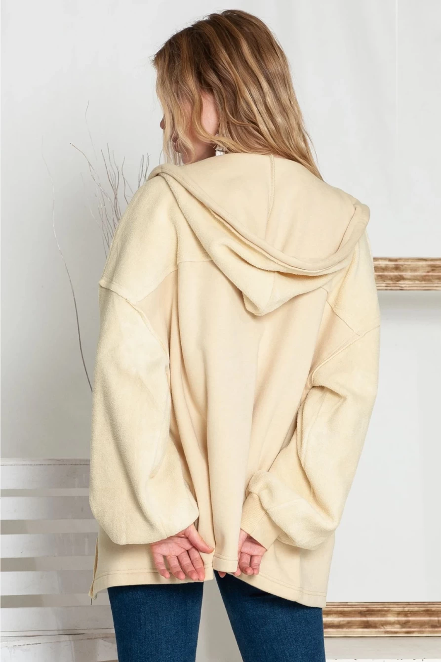 Shewin Women's Apricot Bishop Sleeve Zip-Up Hoodie Jacket with Flap Pockets