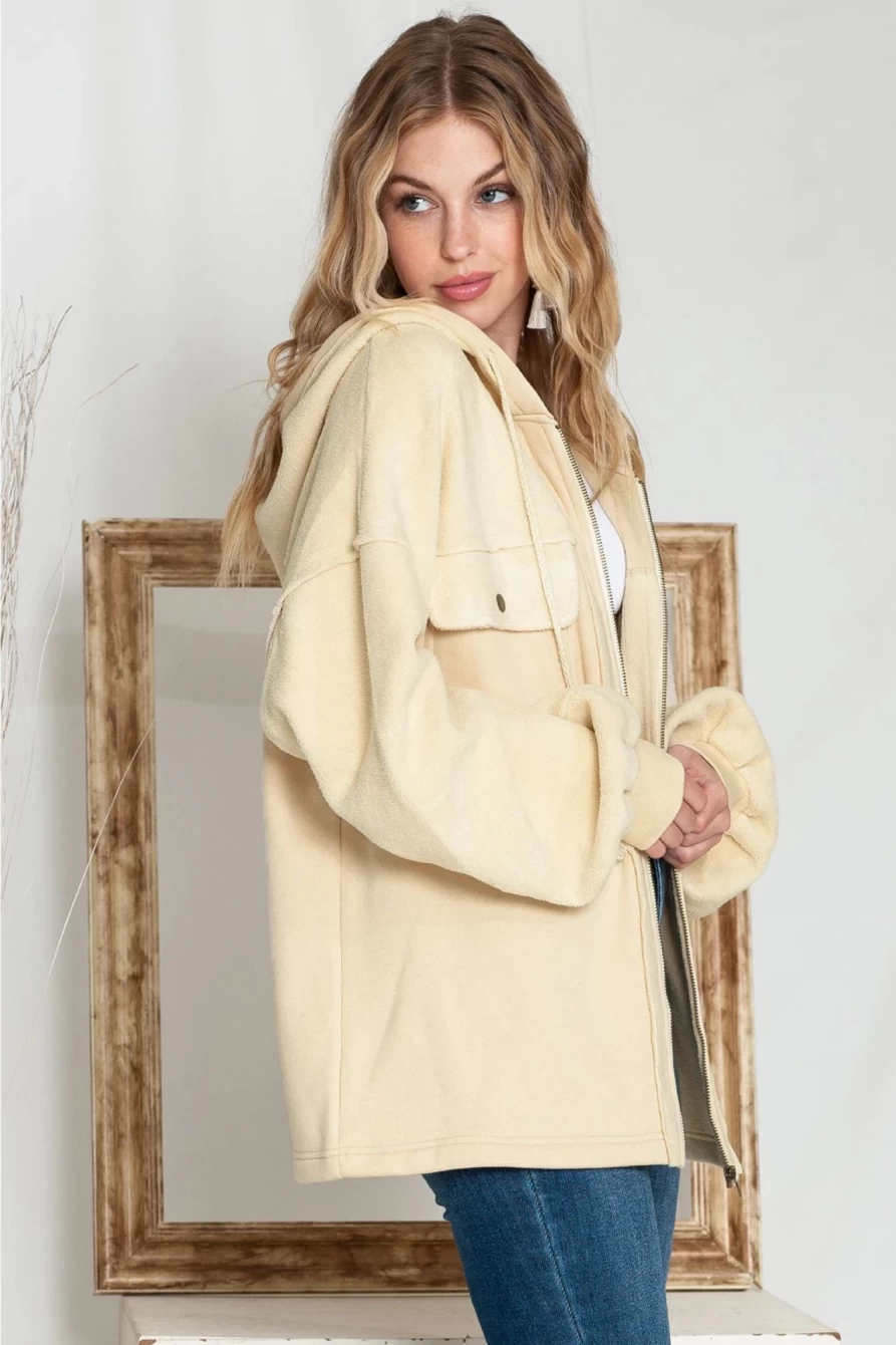 Shewin Women's Apricot Bishop Sleeve Zip-Up Hoodie Jacket with Flap Pockets