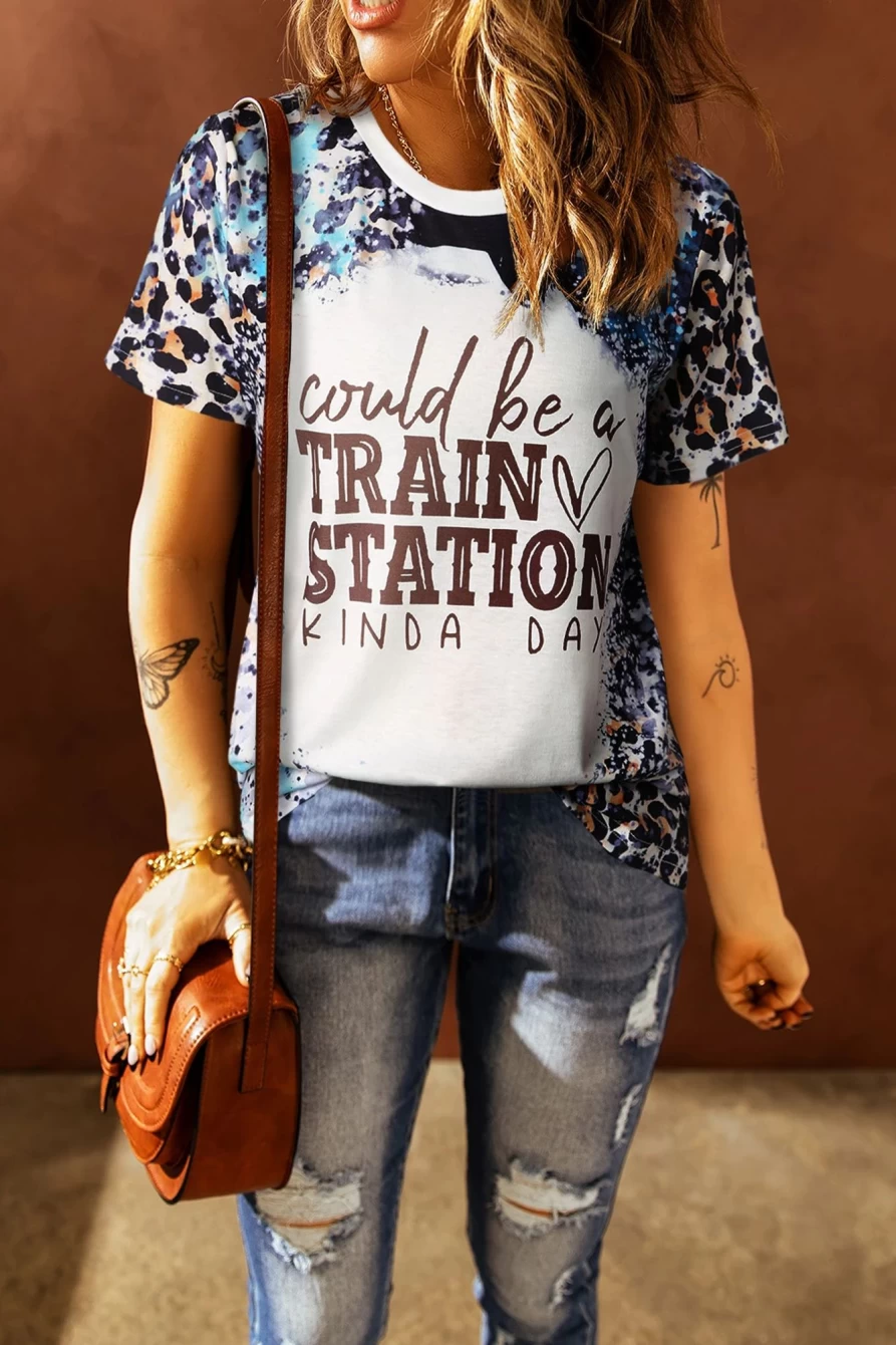 Shewin Women's Apricot Leopard Print Graphic T-Shirt - Stylish Train Station Design