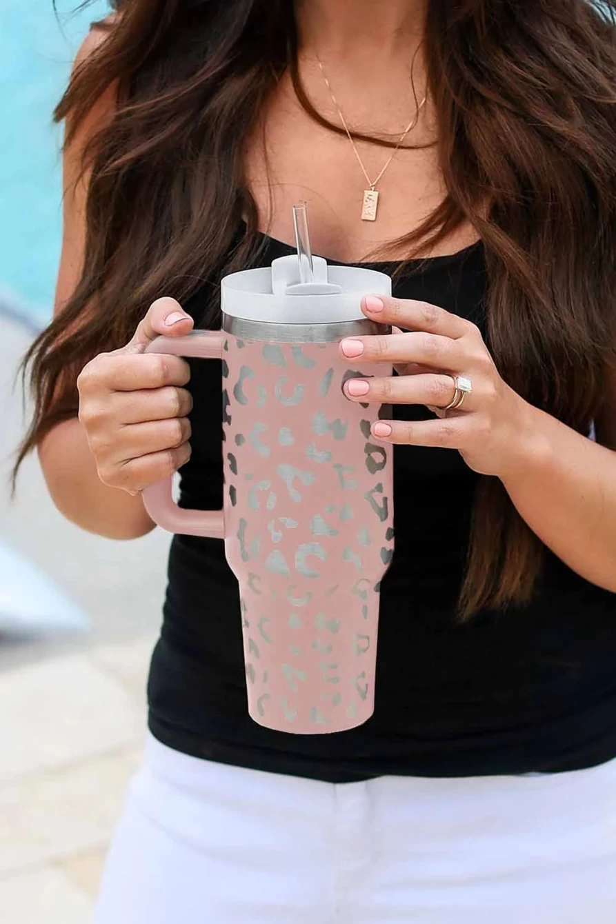 Shewin 40Oz Pink Leopard Stainless Steel Tumbler Mug for Women - Portable Travel Cup with Handle
