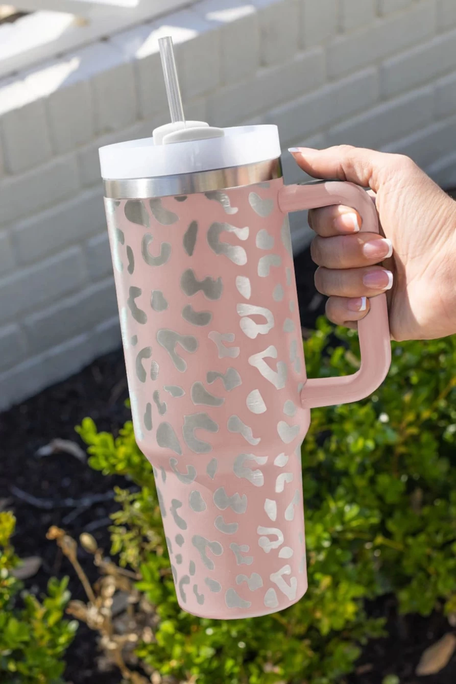 Shewin 40Oz Pink Leopard Stainless Steel Tumbler Mug for Women - Portable Travel Cup with Handle