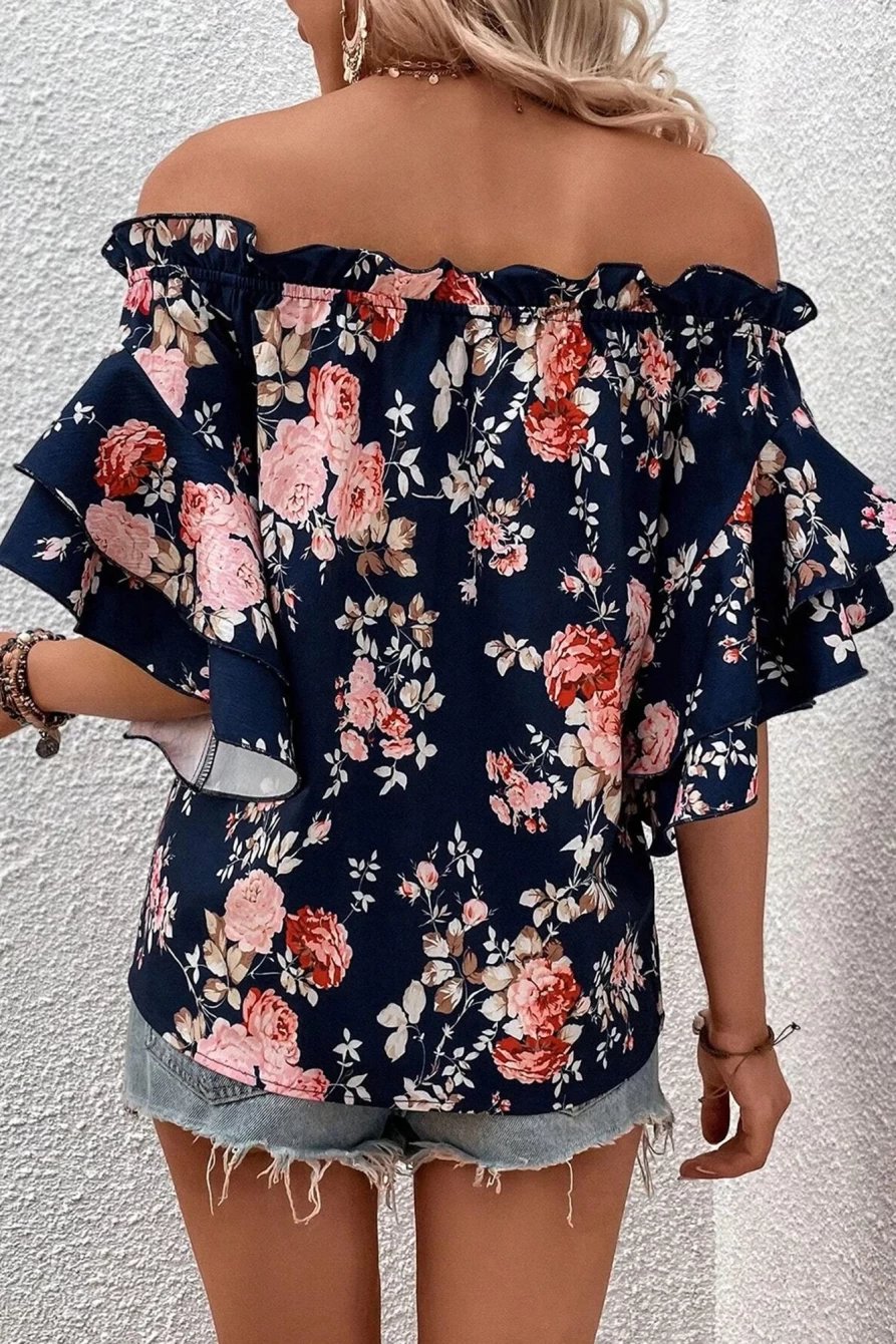 "Shewin Women's Blue Floral Ruffle Off-Shoulder Blouse with Flounce Sleeves"
