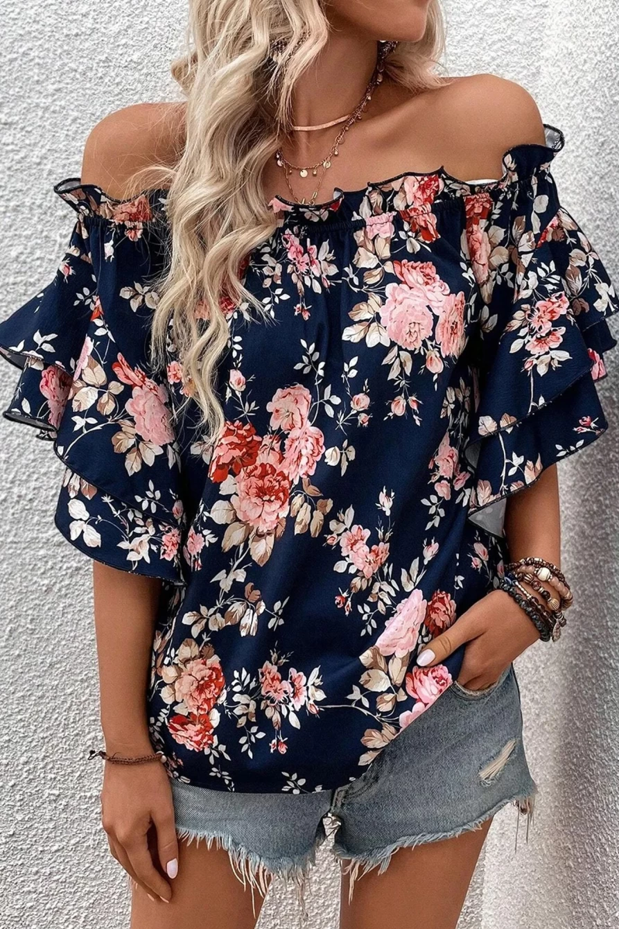 "Shewin Women's Blue Floral Ruffle Off-Shoulder Blouse with Flounce Sleeves"