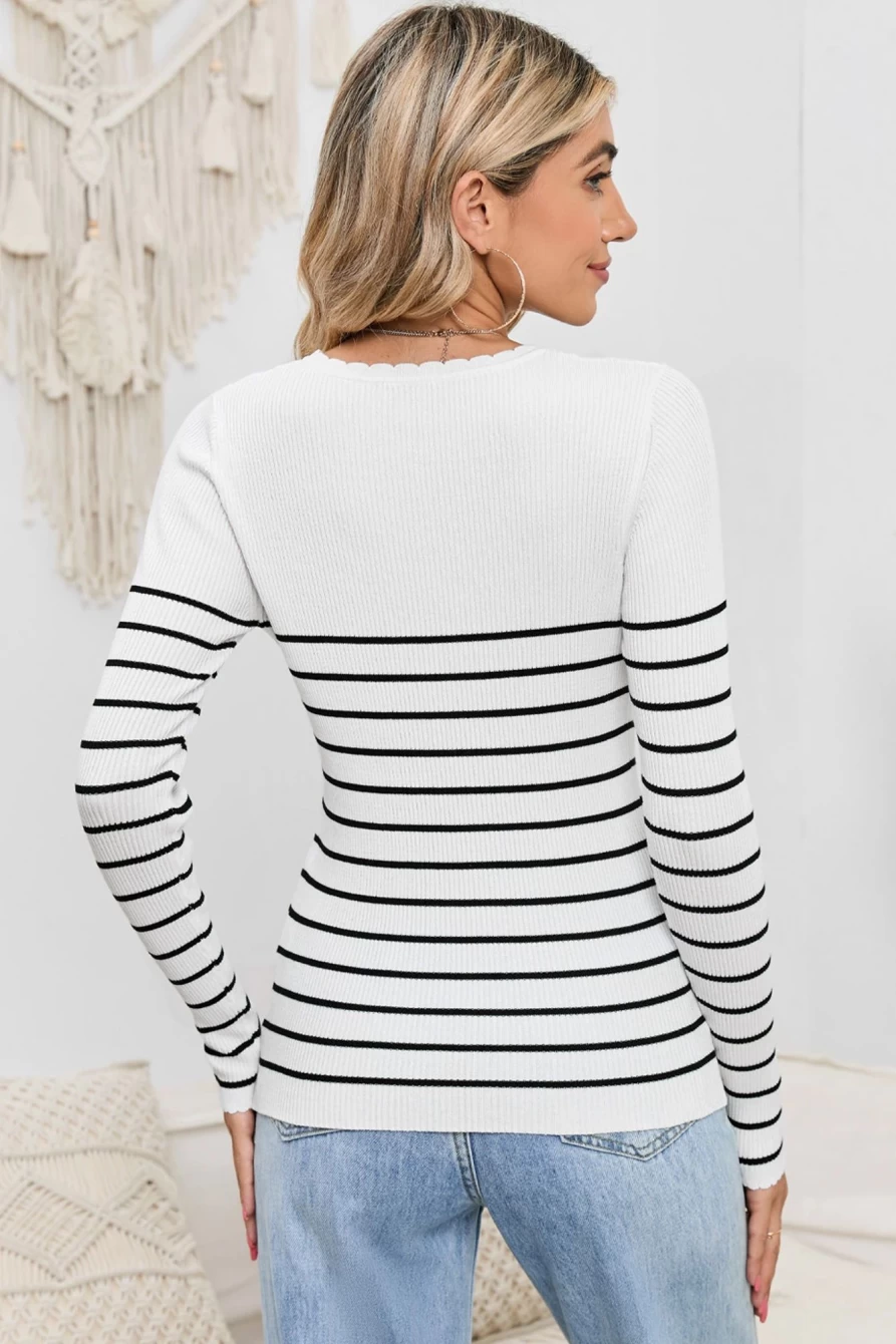 Shewin Women's White Striped Print V-Neck Sweater with Scalloped Trim