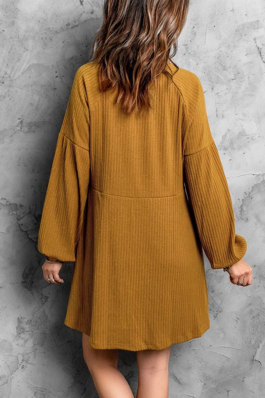 Shewin Women's Orange Casual Ribbed Knit Short Sleeve Round Neck Dress