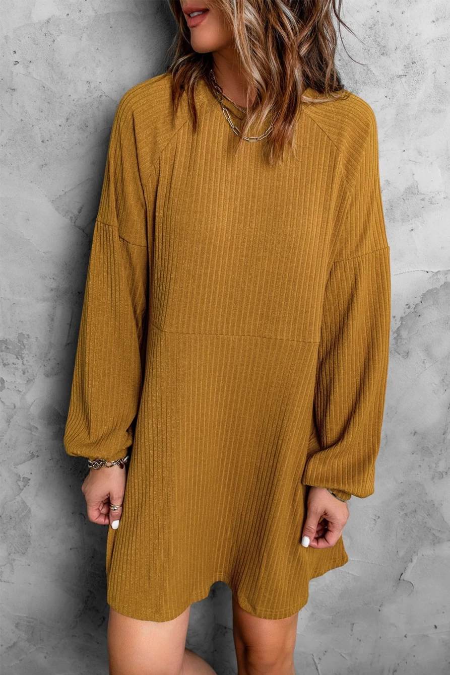 Shewin Women's Orange Casual Ribbed Knit Short Sleeve Round Neck Dress