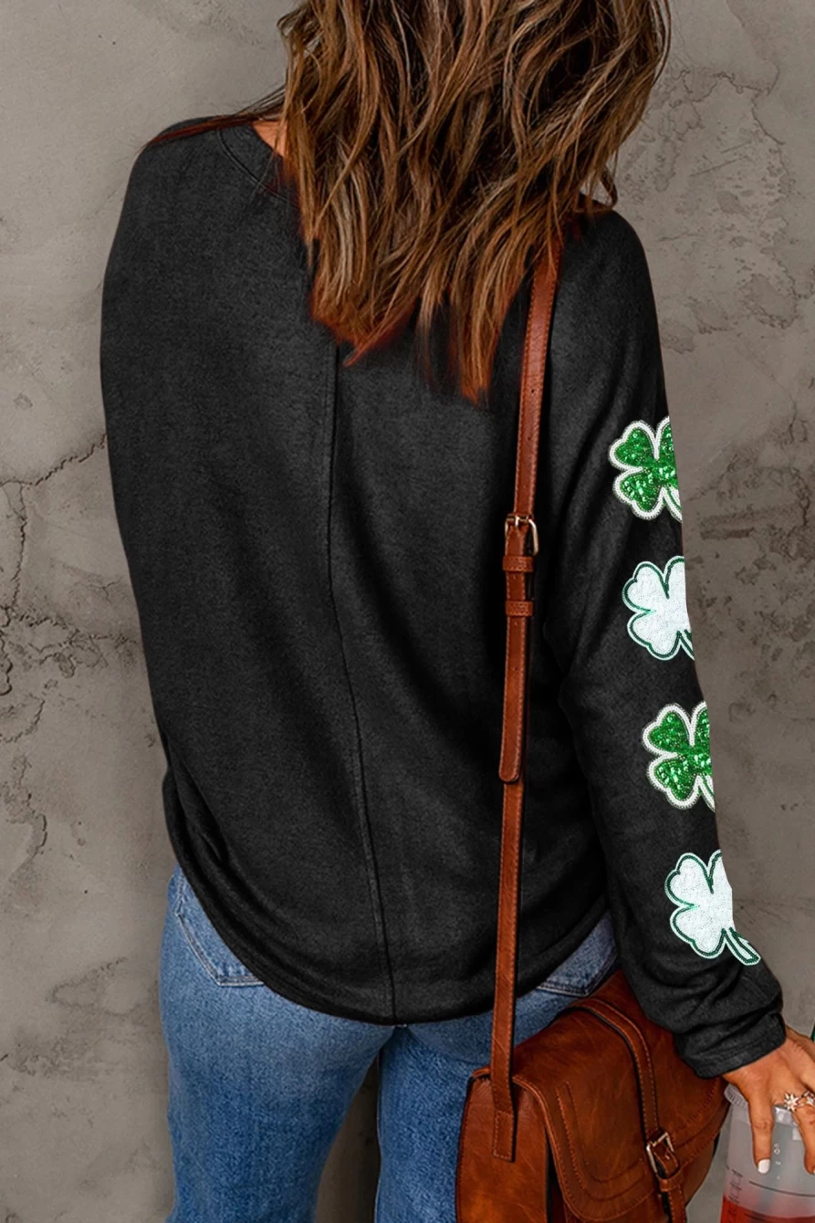 Shewin Women's Black Sequin St Patrick's Day Clover Graphic Long Sleeve T-Shirt