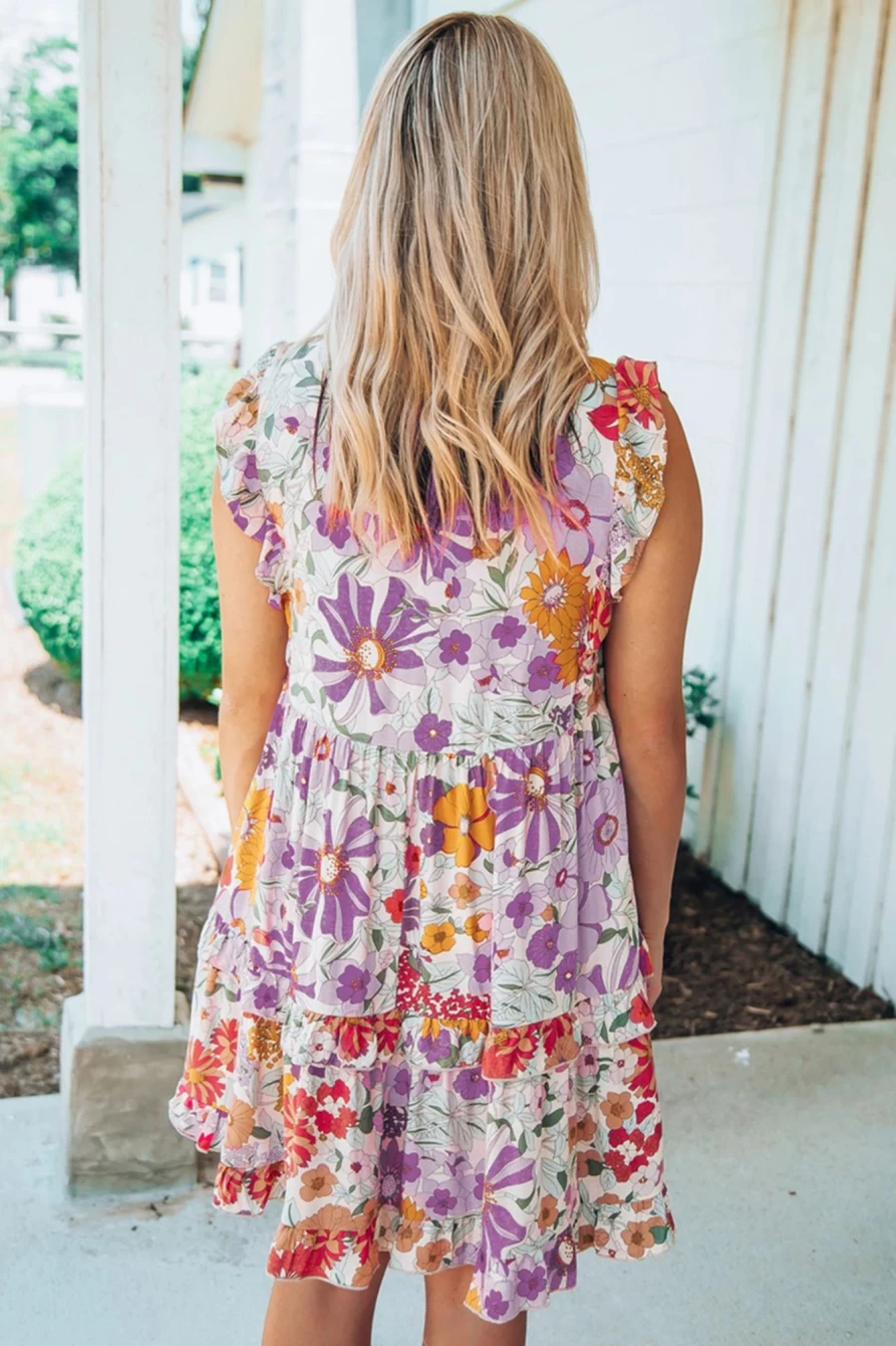 Shewin Women's Purple Floral Boho Ruffle Pocket Tiered Short Dress