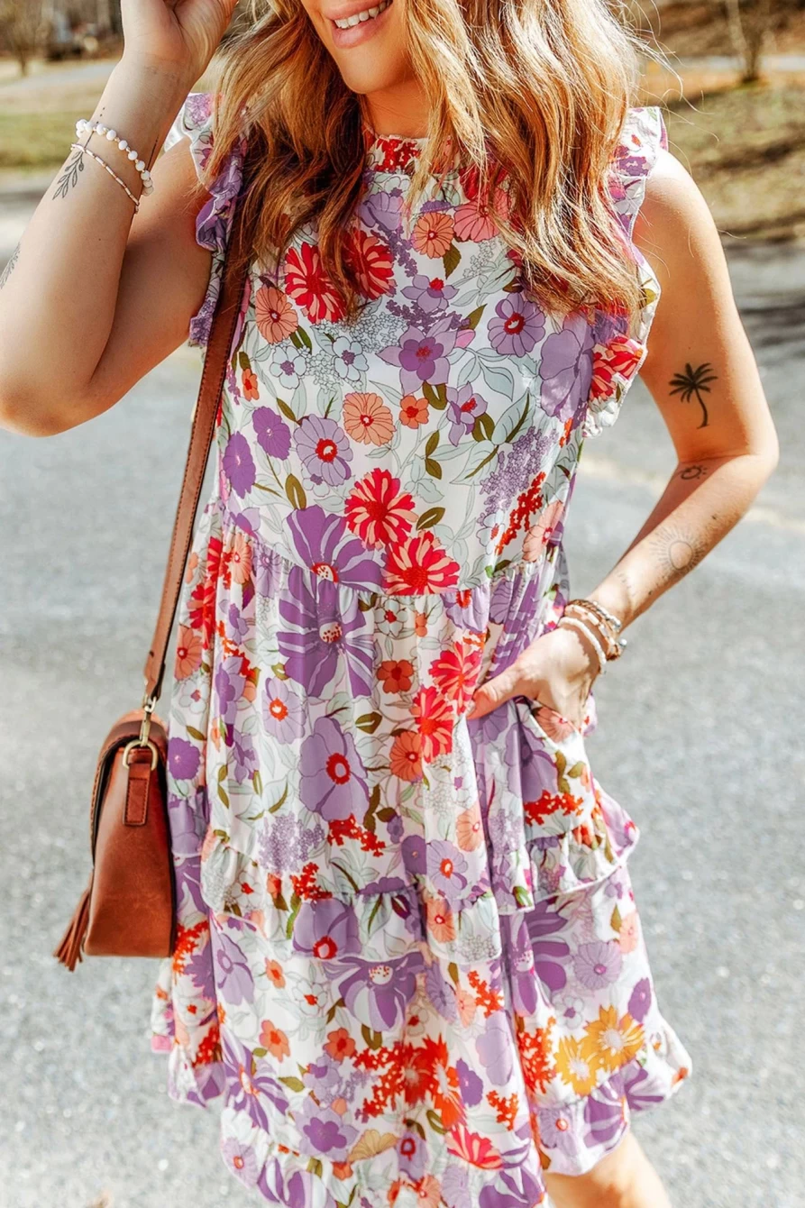 Shewin Women's Purple Floral Boho Ruffle Pocket Tiered Short Dress