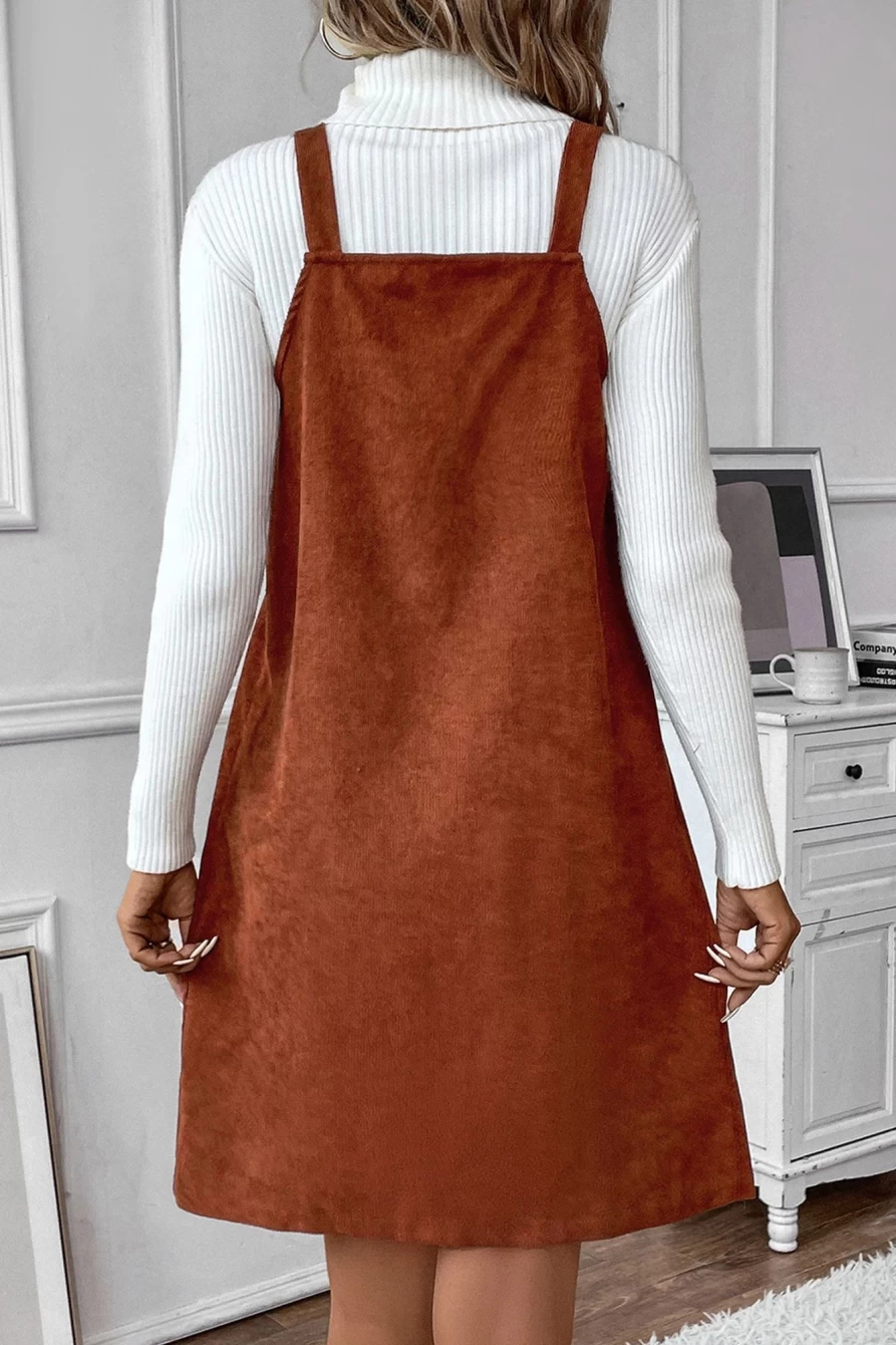 Shewin Women's Chestnut V-Neck Button Front Mini Overalls Dress