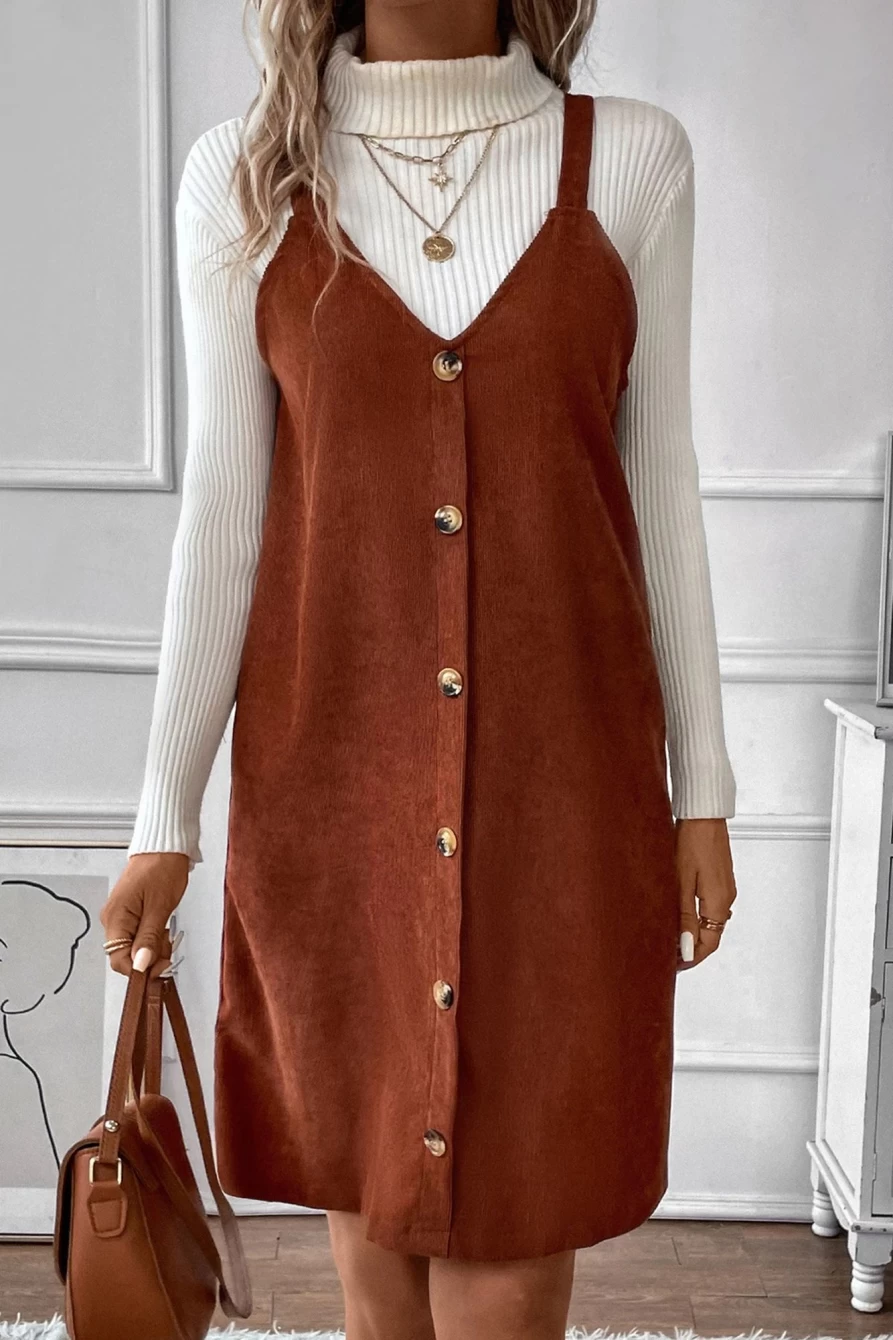 Shewin Women's Chestnut V-Neck Button Front Mini Overalls Dress