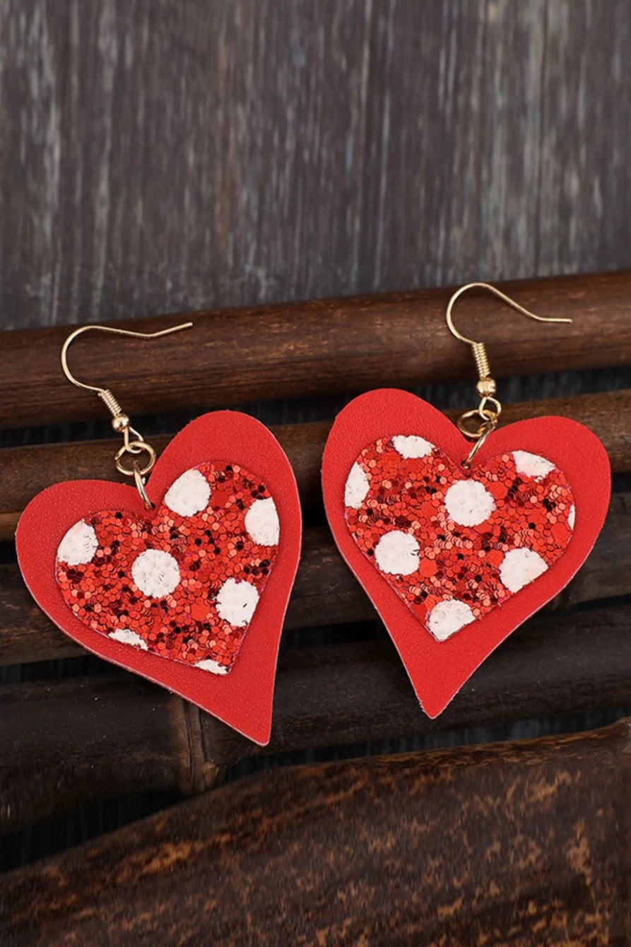 "Shewin Fiery Red Leather Heart Pendant Earrings for Women - Valentines Day Sequined Jewelry Gift"