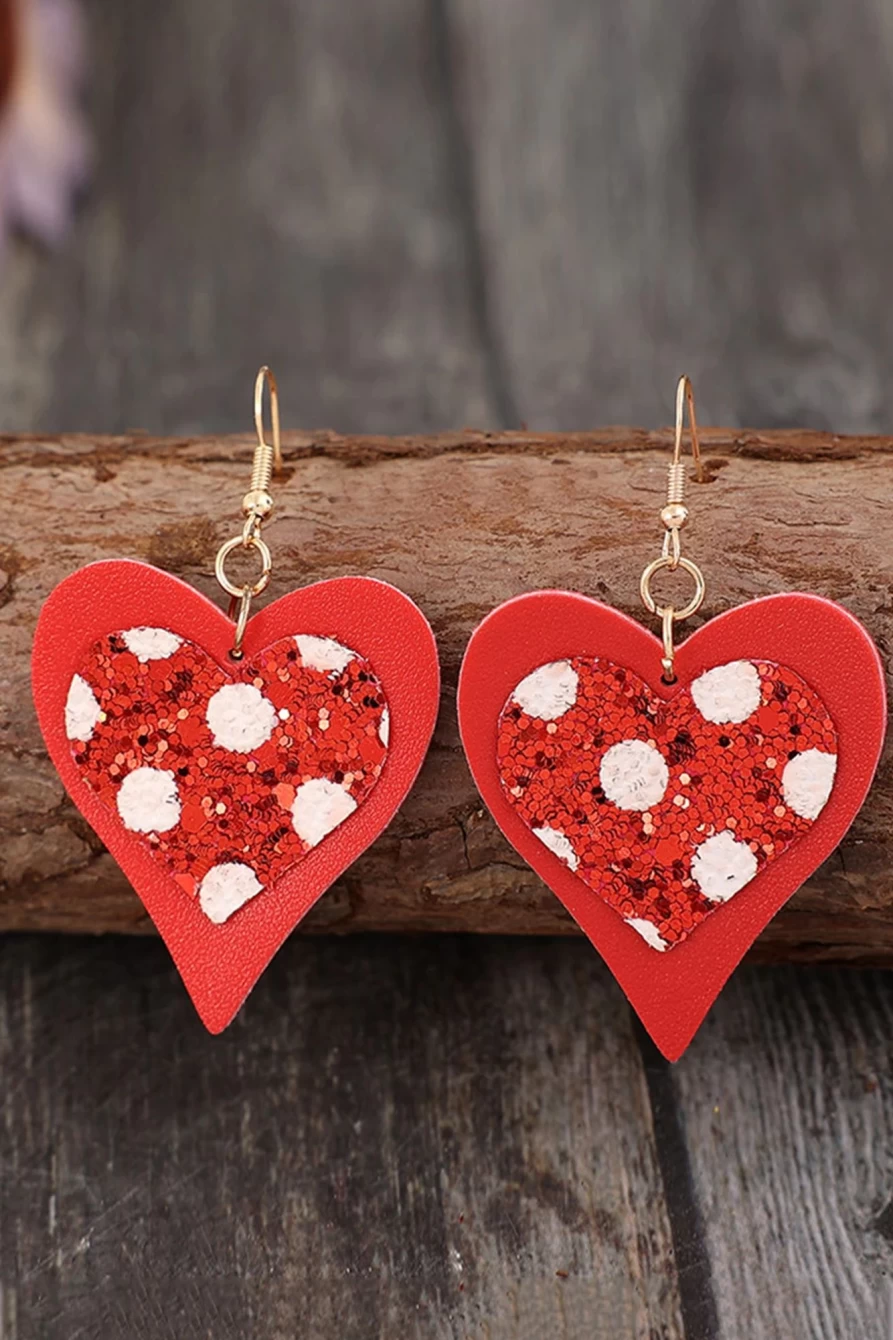 "Shewin Fiery Red Leather Heart Pendant Earrings for Women - Valentines Day Sequined Jewelry Gift"