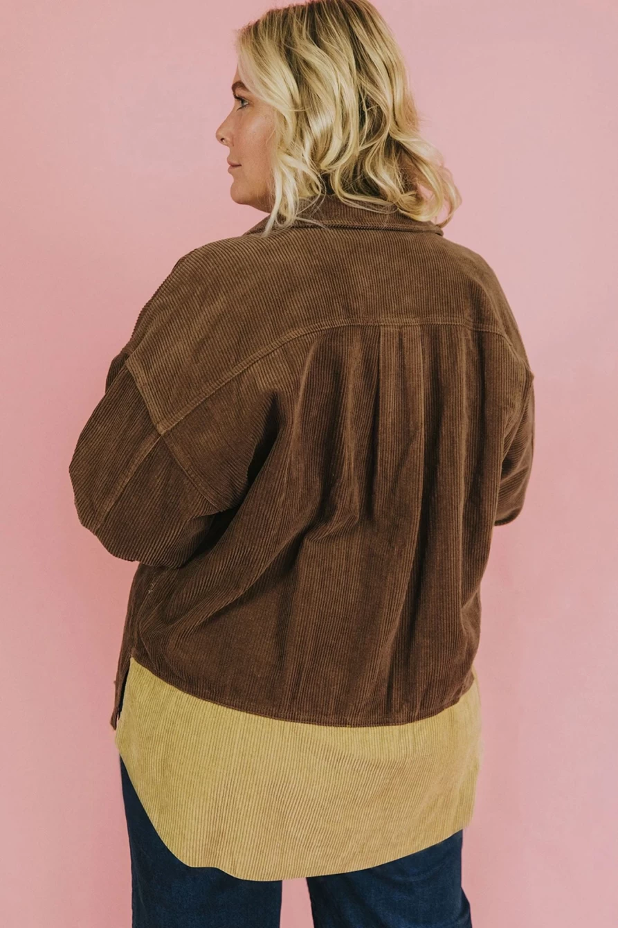 Shewin Women's Brown Plus Size Color Block Corduroy Shacket Jacket