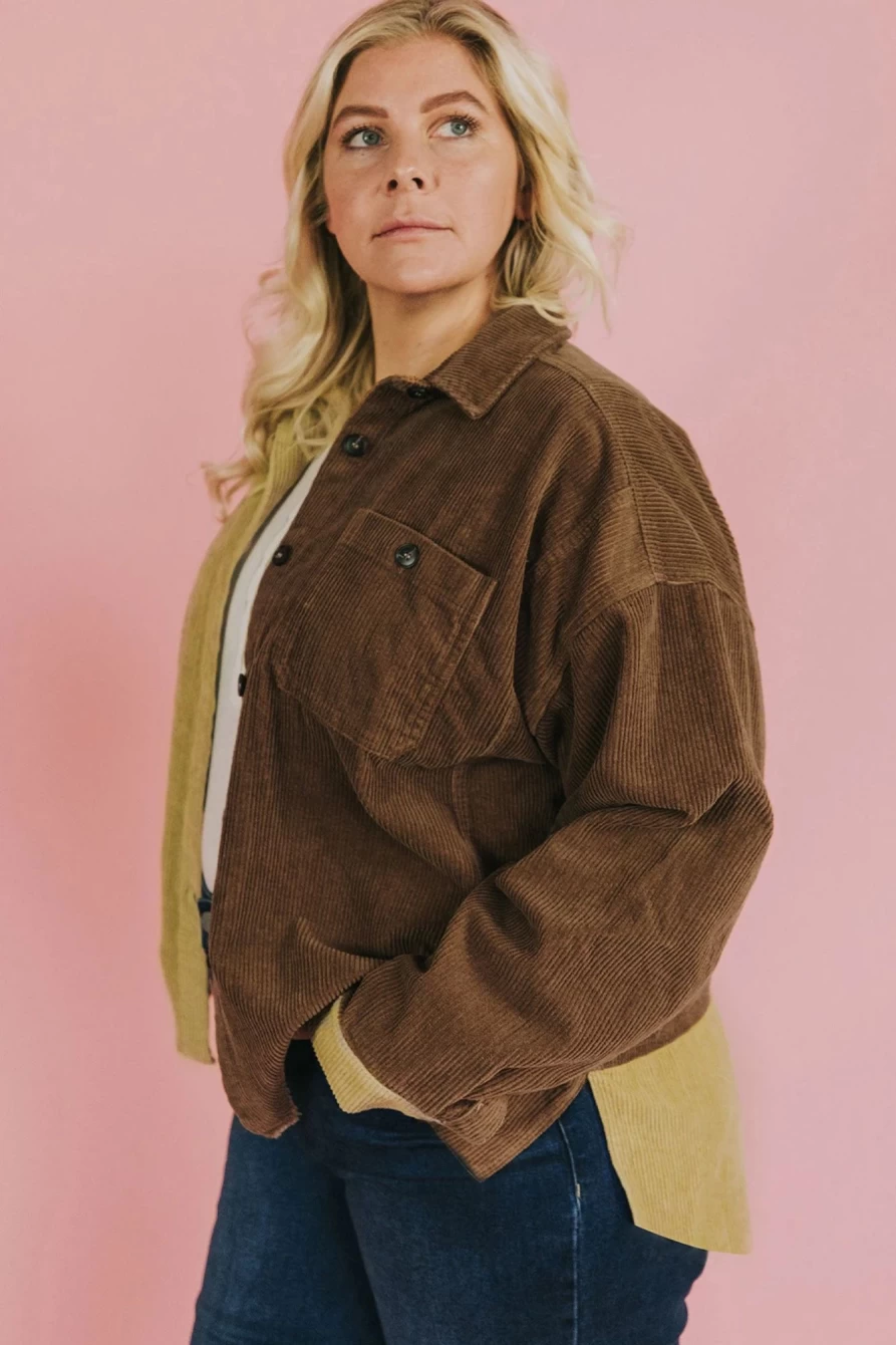 Shewin Women's Brown Plus Size Color Block Corduroy Shacket Jacket